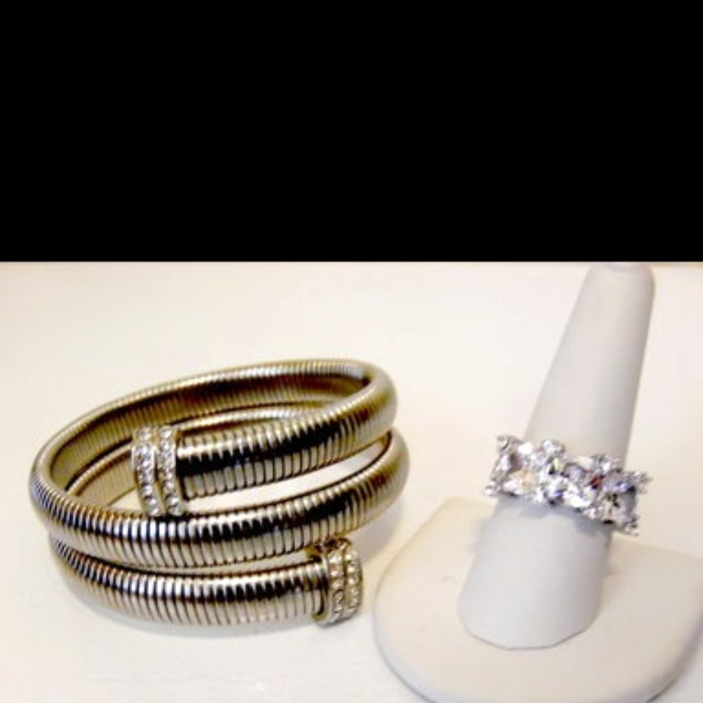 Emma Skye Silvertone Stainless Steel Coil Bangle & Crystal Ring